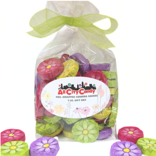 Madelaine Foil Wrapped Gerbera Daisies 1 lb. Gift Bag - For fresh candy and great service, visit www.allcitycandy.com