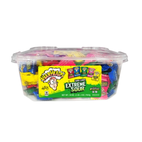 Container of Warheads Extreme Sour candy on a white background