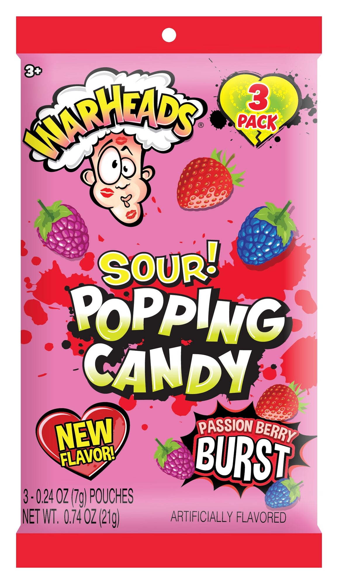 Warheads Valentine's Sour Popping Candy 3 Pack 0.74 oz. Bag