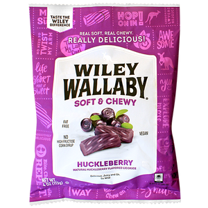 Wiley Wallaby Soft & Chewy Huckleberry Licorice - 4-oz. Bag - Visit www.allcitycandy.com for great candy, service and delicious treats.