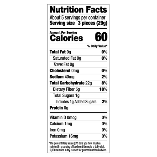 Nutrition facts label for a food product with serving size and calories displayed.