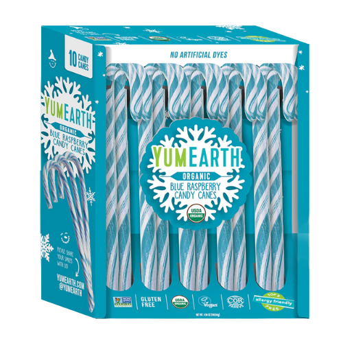 Yum Earth Organic Blue Raspberry Candy Canes 4.94 oz. Box - Discover www.allcitycandy.com for bulk candy, chocolates, gummies & seasonal sweets. Perfect for parties, gifts & everyday treats—shop your favorites now!