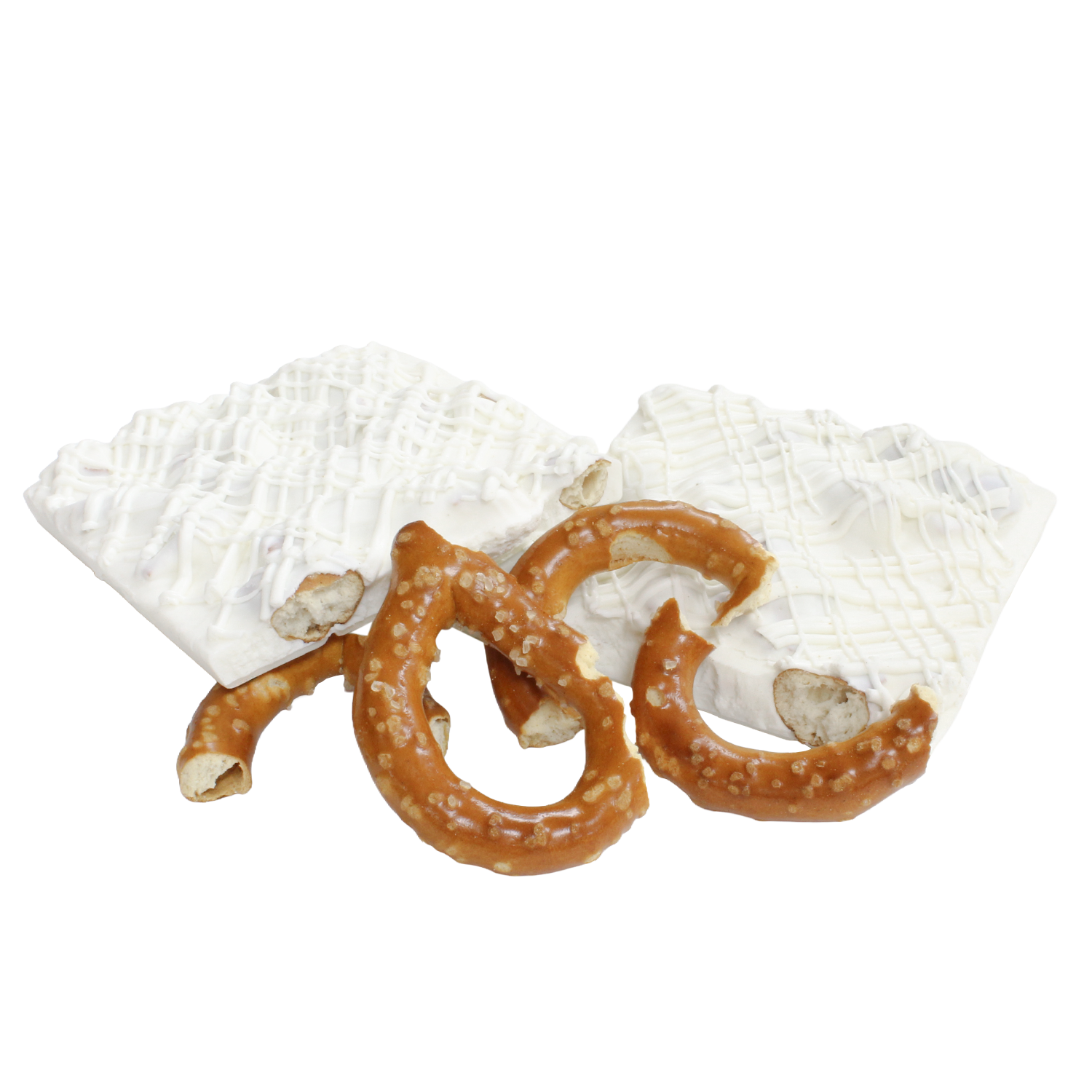 Close-up of creamy white chocolate pretzel bark with crunchy pretzel pieces