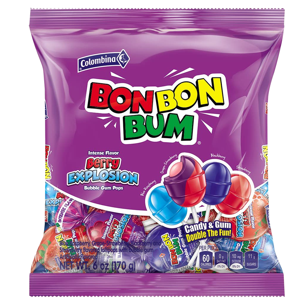 All City Candy Colombina Bon Bon Boom Berry Explosion Bubble Gum Pops - 6-oz. Bag Lollipops & Suckers Colombina For fresh candy and great service, visit www.allcitycandy.com