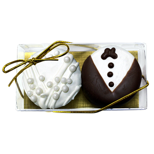 Bride & Groom Chocolate Covered Oreos Set (2 Dozen Minimum)  - For fresh candy and great service, visit www.allcitycandy.com