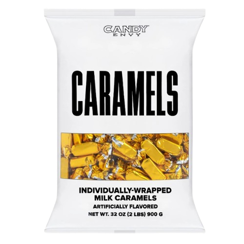 Bag of individually-wrapped milk caramels from Candy Envy on a white background