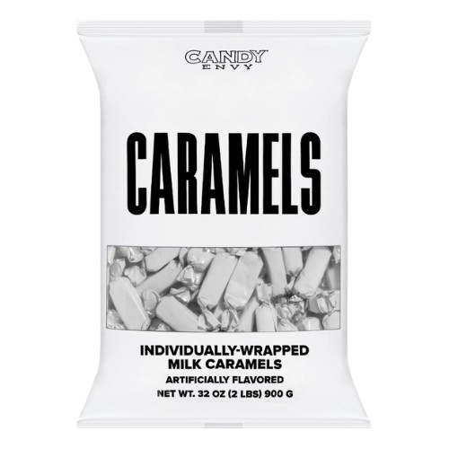 Bag of Candy Envy caramels on a white background