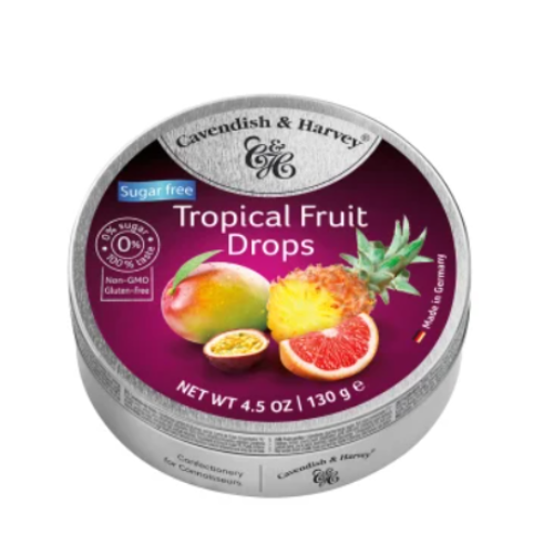 Cavendish & Harvey Sugar Free Tropical Fruit Drops tin 4.5 oz, front view