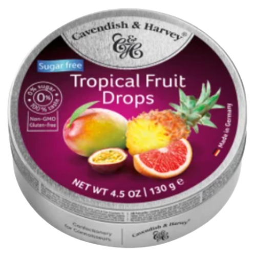 Cavendish & Harvey Sugar Free Tropical Fruit Drops tin 4.5 oz, front view