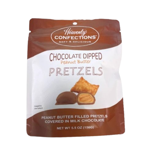 Heavenly Confections Chocolate Dipped Peanut Butter Pretzels 5.5 oz. Bag www.allcitycandy.com for fresh and delicious sweet treat