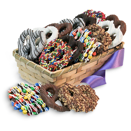 For fresh candy and great service, visit www.allcitycandy.com - Delectable Dozen Gourmet Chocolate Covered Pretzel Twists Gift Basket
