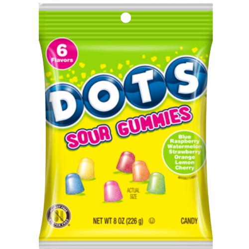 Packaging of DOTS Sour Gummies with colorful design and text on a white background