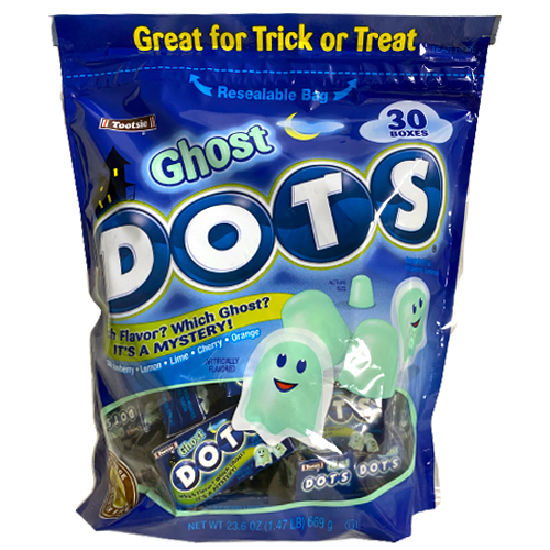 All City Candy Ghost Dots 30 Count Mini Boxes 23.6 oz. Bag- For fresh candy and great service, visit www.allcitycandy.com