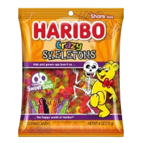 A bag of Haribo Crazy Skeletons gummy candy in the Sweet Sour flavor, featuring the iconic yellow Haribo character on the front of the orange packaging.