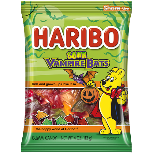 Haribo Sour Vampire Bats gummies poured from a 4 oz bag