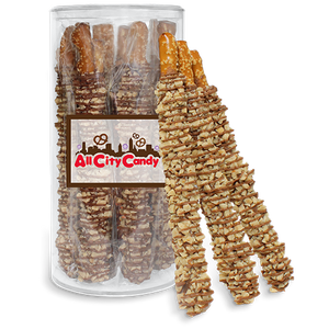 Milk Chocolate Hand Dipped Heath Covered Pretzel Rods 10 pc. Tube - Visit www.allcitycandy.com for great candy, service and delicious treats.