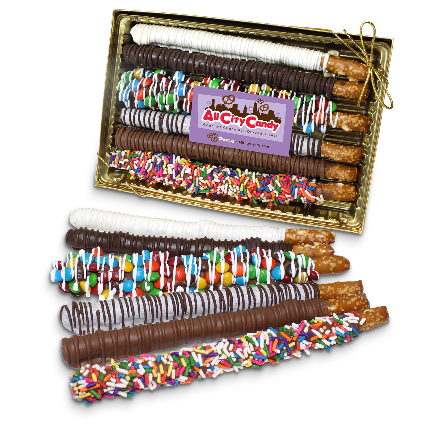 Hot Rods Gourmet Chocolate Covered Pretzel Rods Gift Box - Visit www.allcitycandy.com for great candy, service and delicious treats.