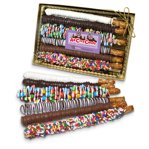 Hot Rods Gourmet Chocolate Covered Pretzel Rods Gift Box - Visit www.allcitycandy.com for great candy, service and delicious treats.
