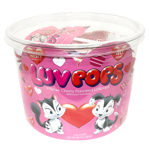 Luv Pops Intense Cherry Heart Shaped Pops 40 Count Tub - Visit www.allcitycandy.com for great candy, service and delicious treats.