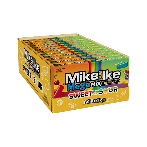 Mike and Ike Mike and Ike Mega Mix Sweet or Sour 4.25 oz. Theater Box Case of 12 - Visit www.allcitycandy.com for fresh candy and great service.