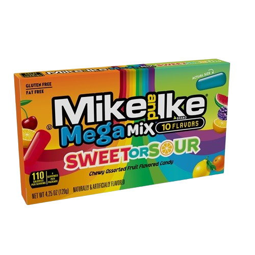 Mike and Ike Mike and Ike Mega Mix Sweet or Sour 4.25 oz. Theater Box - Visit www.allcitycandy.com for fresh candy and great service.