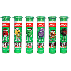 M&M Milk Chocolate Minis Christmas Tube 1.77 oz - For fresh candy and great service, visit www.allcitycandy.com
