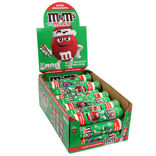 M&M Milk Chocolate Minis Christmas Tube 1.77 oz - For fresh candy and great service, visit www.allcitycandy.com
