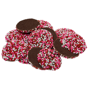 Dark Chocolate Valentine's Maxi Nonpareils 2 lb. Bulk Bag - Visit www.allcitycandy.com for great candy, service and delicious treats.
