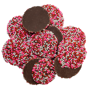 Dark Chocolate Valentine's Maxi Nonpareils 2 lb. Bulk Bag - Visit www.allcitycandy.com for great candy, service and delicious treats.
