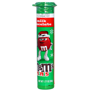 M&M Milk Chocolate Minis Christmas Tube 1.77 oz - For fresh candy and great service, visit www.allcitycandy.com
