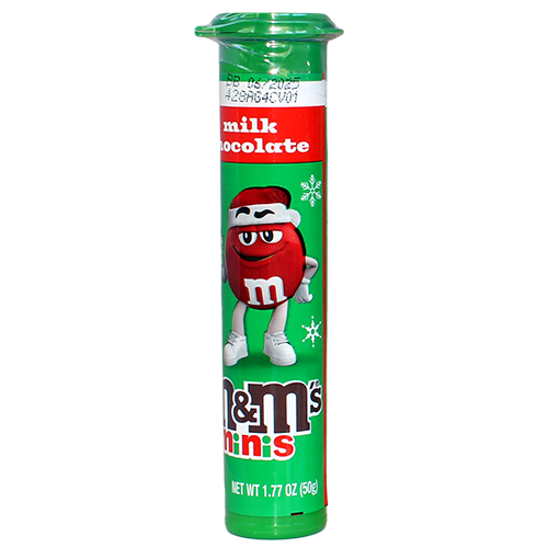 M&M Milk Chocolate Minis Christmas Tube 1.77 oz - For fresh candy and great service, visit www.allcitycandy.com
