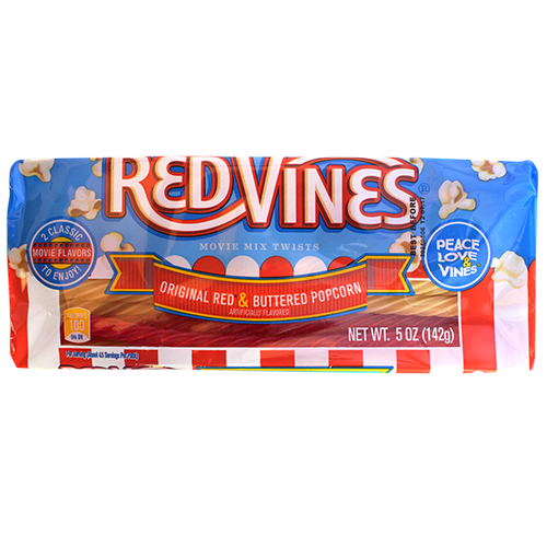 Red Vines Original Red and Buttered Popcorn Twists 5 oz Tray visit www.allcitycandy.com for sweet delicious candy treats