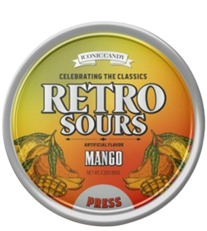 Iconic Candy Retro Sours Mango 2 oz. Tin - Visit www.allcitycandy.com for great candy, service and delicious treats.