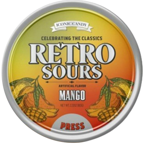 Iconic Candy Retro Sours Mango 2 oz. Tin - Visit www.allcitycandy.com for great candy, service and delicious treats.