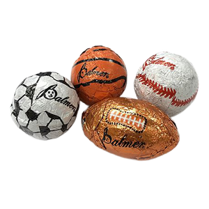All City Candy Palmer Chocolate Flavored Foil Wrapped Super Sports Balls - 3 LB Bulk Bag Bulk Wrapped R.M. Palmer Company For fresh candy and great service, visit www.allcitycandy.com