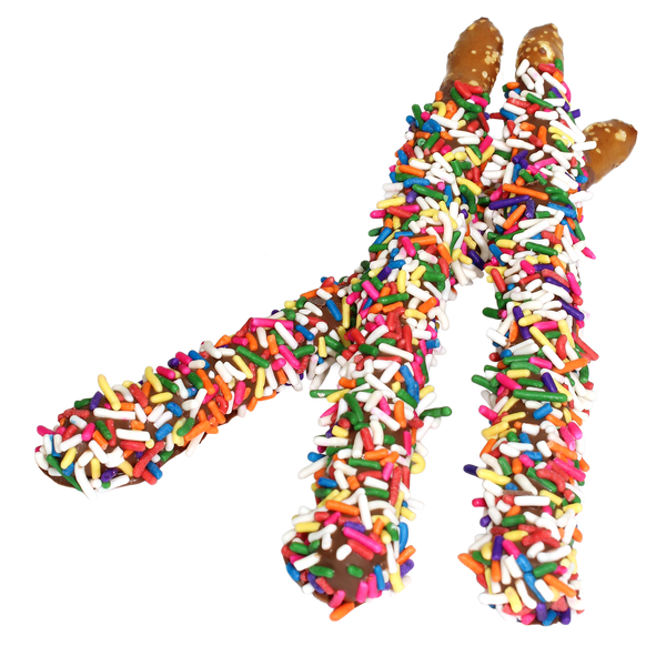 Milk Chocolate Sprinkled Hand Dipped Pretzel Rods 12 pc. Canister - All ...
