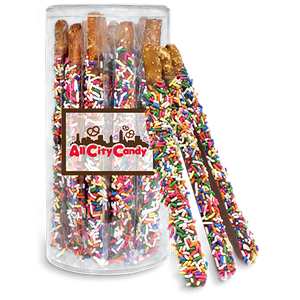 Milk Chocolate Sprinkled Hand Dipped Pretzel Rods 12 pc. Tube - Visit www.allcitycandy.com for great candy, service and delicious treats.
