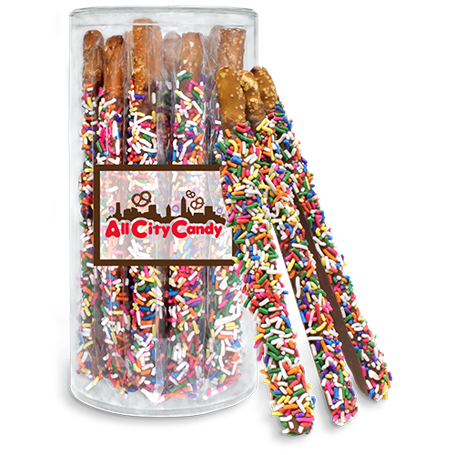 Milk Chocolate Sprinkled Hand Dipped Pretzel Rods 12 pc. Canister - All ...