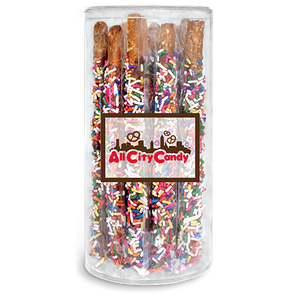 Milk Chocolate Sprinkled Hand Dipped Pretzel Rods 12 pc. Tube - Visit www.allcitycandy.com for great candy, service and delicious treats.