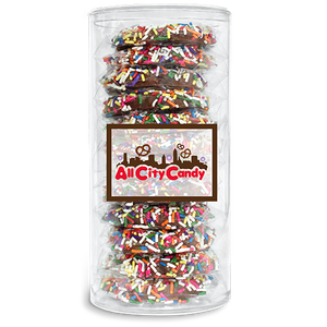 Milk Chocolate Sprinkled Hand Dipped Pretzel Twists 12 pc. Tube - Visit www.allcitycandy.com for great candy, service and delicious treats.
