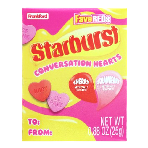 Starburst Conversation Hearts Fave Reds Pack of 4- 0.88 oz. Box - Visit www.allcitycandy.com for great candy, service and delicious treats!