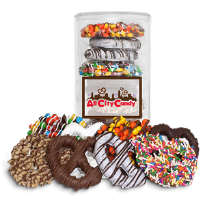 Signature Assorted Hand Dipped Pretzel Twists 12 pc. Tube - Visit www.allcitycandy.com for great candy, service and delicious treats.