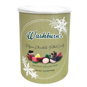 All City Candy Washburn Holiday Premium Belgian Chocolate Filled Candy Holiday Collection 15.5 oz. Canister Christmas Quality Candy Company For fresh candy and great service, visit www.allcitycandy.com