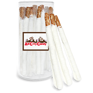 White Chocolate Hand Dipped  Pretzel Rods 12 pc. Tube - Visit www.allcitycandy.com for great candy, service and delicious treats.