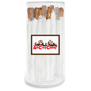 White Chocolate Hand Dipped  Pretzel Rods 12 pc. Tube - Visit www.allcitycandy.com for great candy, service and delicious treats.
