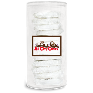 White Chocolate Hand Dipped Pretzel Twists 12 pc. Tube - Visit www.allcitycandy.com for great candy, service and delicious treats.