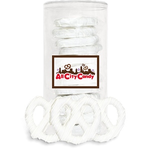 White Chocolate Hand Dipped Pretzel Twists 12 pc. Tube - Visit www.allcitycandy.com for great candy, service and delicious treats.