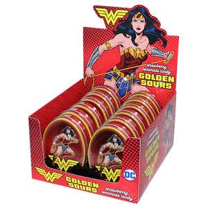 Wonder Woman Strawberry Lemonade Candy Golden Sours 1.2 oz. Tin - For fresh candy and great service, visit www.allcitycandy.com