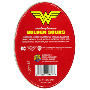 Wonder Woman Strawberry Lemonade Candy Golden Sours 1.2 oz. Tin - For fresh candy and great service, visit www.allcitycandy.com