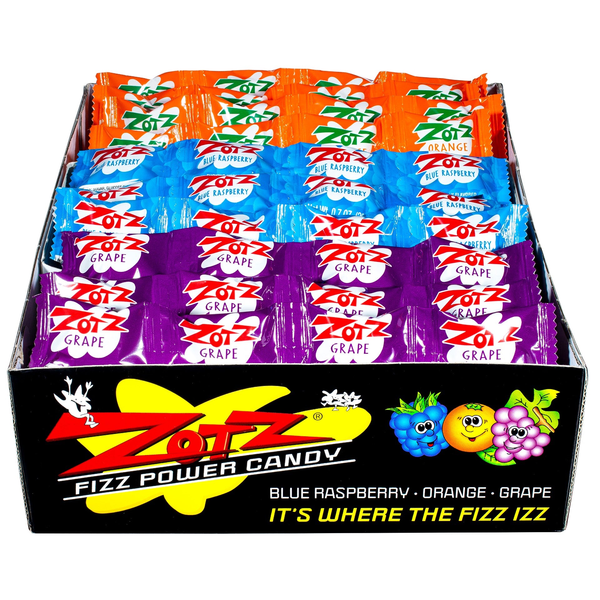 All City Candy Zotz Fizz Power Candy Strings Blue Raspberry, Orange & Grape - Case of 48 Novelty G.B. Ambrosoli For fresh candy and great service, visit www.allcitycandy.com